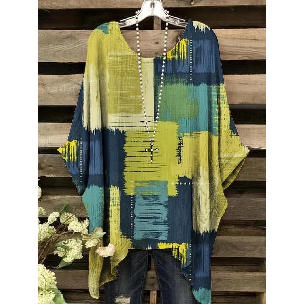 Women's T-Shirt Comfort Versatile Grid Print Loose O-Neck Elegant Bohemian Y2k Clothes Machine Washable Fashion Women's Clothing