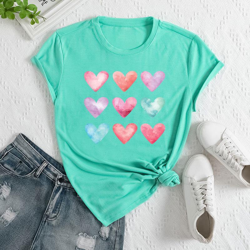 Summer Women's Plus Size Color Heart Print Loose Round Neck Casual Pure Cotton Short Sleeved T-shirts Women's