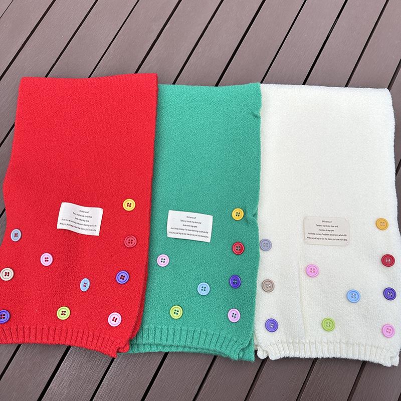 Luochi Knitting~Cute Button Korean Style Wool Scarf – Versatile, Thickened Neck Warmer, Solid Color, Sweet Winter Accessory.