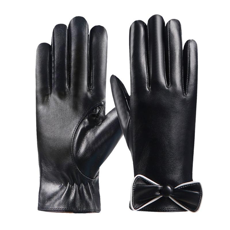 Warm Gloves Women's Leather Gloves New Bow Outdoor Riding Fleece Cold-proof Touch Screen Autumn and Winter Gloves