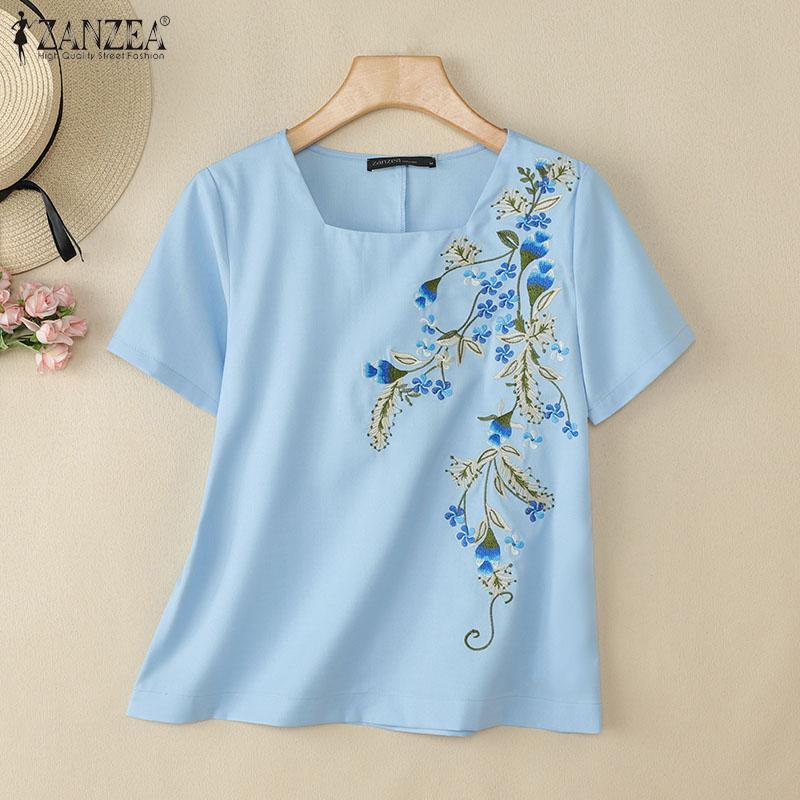 ZANZEA Women Summer Square Collar Casual Short Sleeve Embroidery Blouse