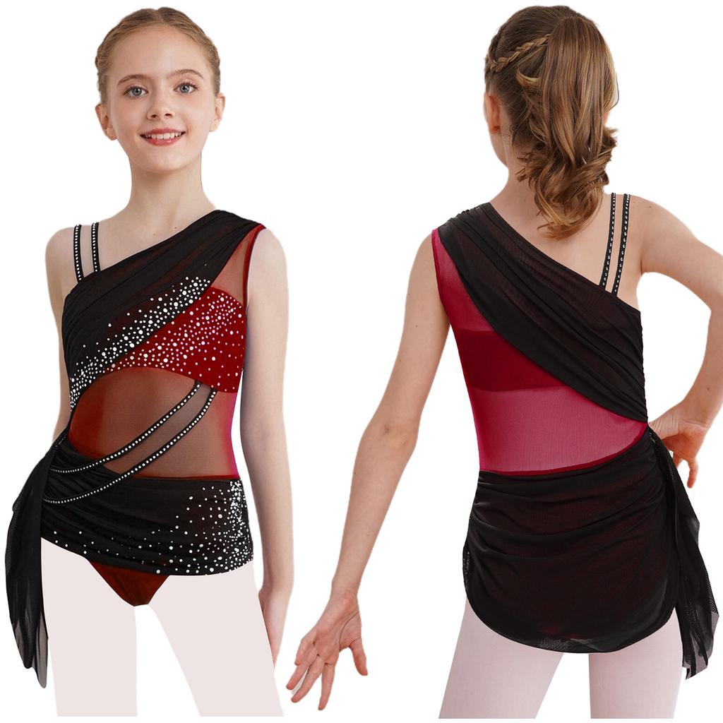 Girls Lyrical Dance Dress Color Block Design Sheer Mesh Ruched Overlay Asymmetrical Glittery Rhinestones Dress