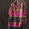 Johnature Women Vintage Striped T-Shirts Summer Chinese Style O-Neck Short Sleeve Knitted Female T-Shirts