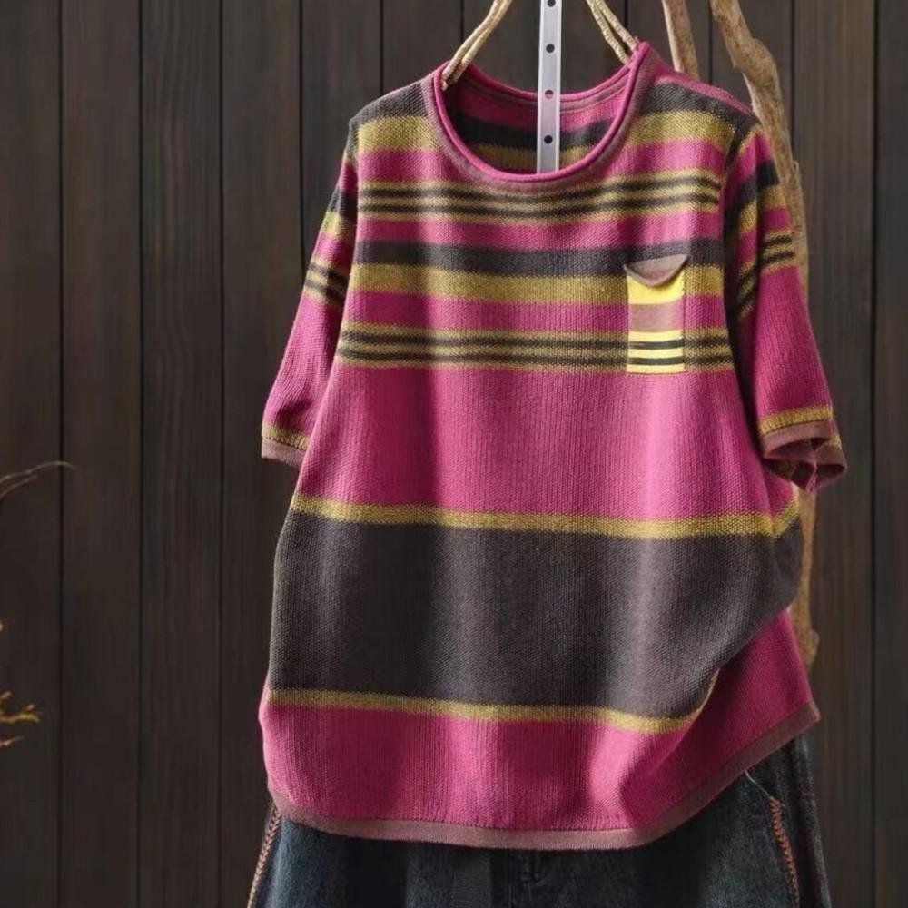 Johnature Women Vintage Striped T-Shirts Summer Chinese Style O-Neck Short Sleeve Knitted Female T-Shirts