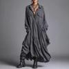 Women's Shirt Collar Three Quarter Sleeve Maxi Dress Loose Fit Relaxed Waist Vintage Solid Color Ruched Shirt Dress