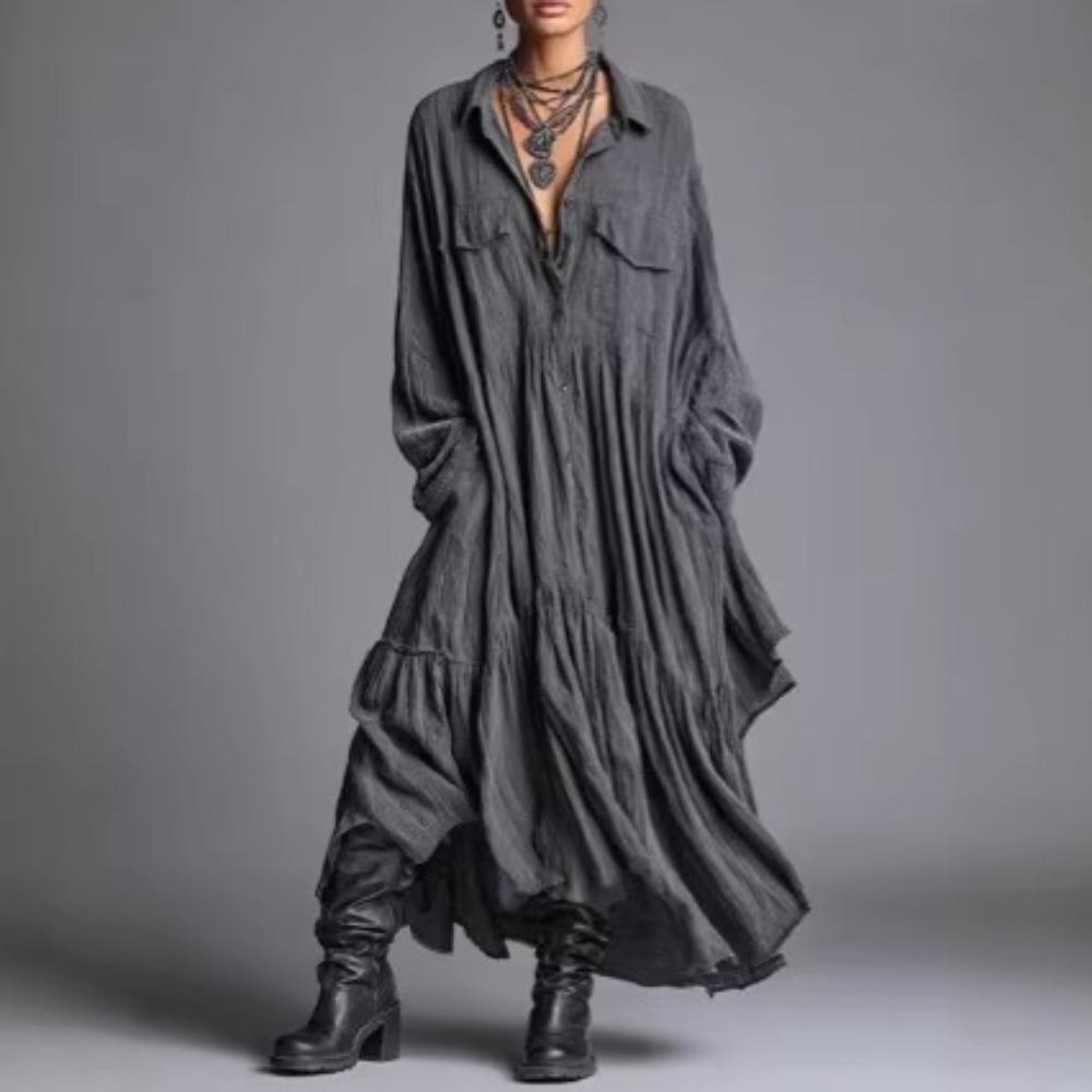 Women's Shirt Collar Three Quarter Sleeve Maxi Dress Loose Fit Relaxed Waist Vintage Solid Color Ruched Shirt Dress