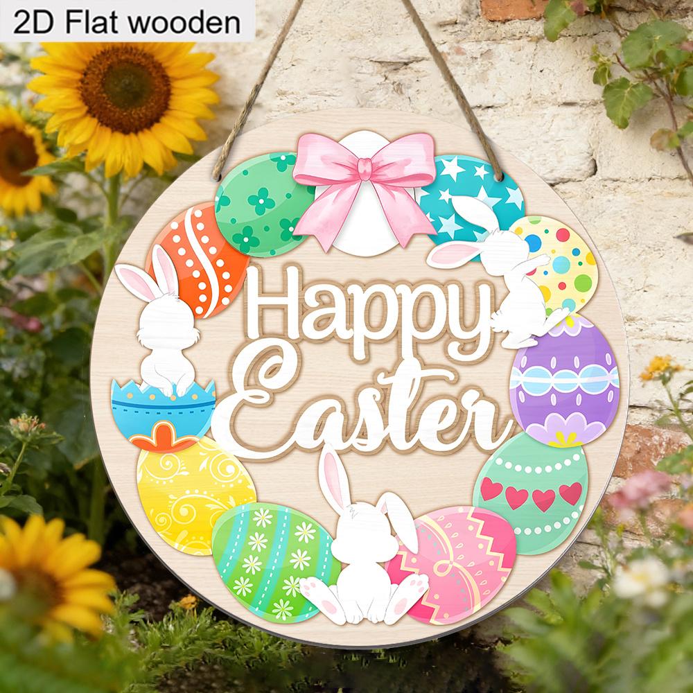 Happy Easter Bunny & Egg Wreath Wooden Sign, Round Front Door Decor, Colorful Spring Wall Hanging - Ideal Easter Gift