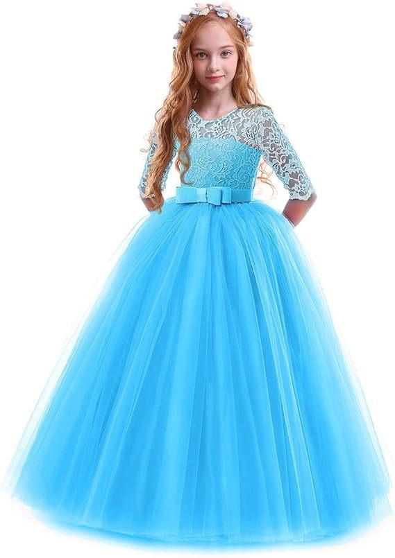 Girls Long Sleeve Flower Girl Wedding Dress Princess Gown