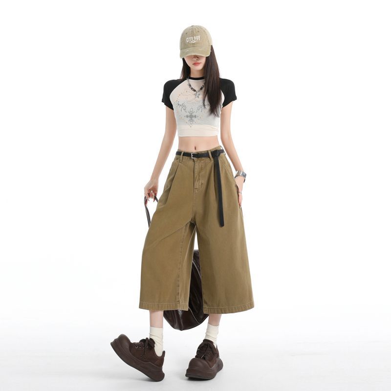Street Style Washed Pleated Pocket Casual Pants For Women Loose Wide Leg Cropped Capri Pants Versatile Loose Straight Slimming FigureFlattering Design