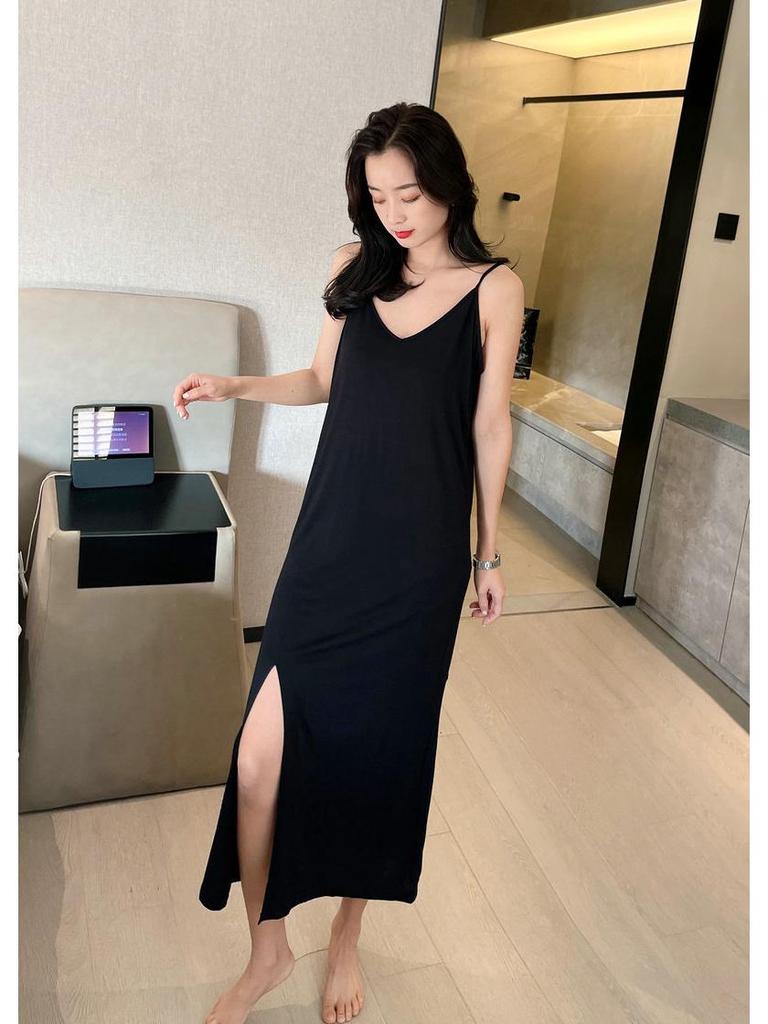 Women's Summer Modal Slim Fit Tank Dress with Double Shoulder Straps and Side Slit