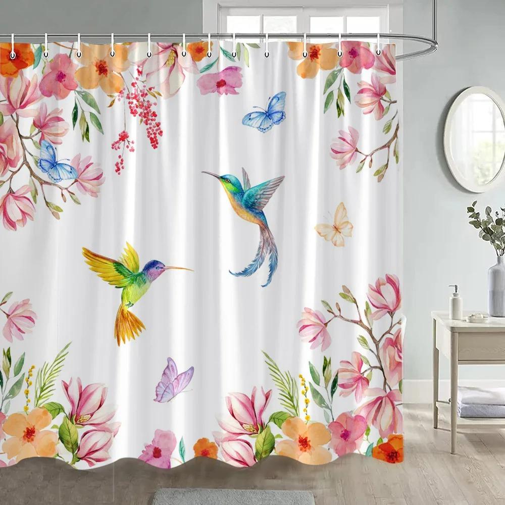 Kolibris Duschvorhang Weiß Blumige Pflanze Aquarellkunst Modern Einfach Stoff Badezimmer Vorhänge Heim Badewannen Dekor Haken