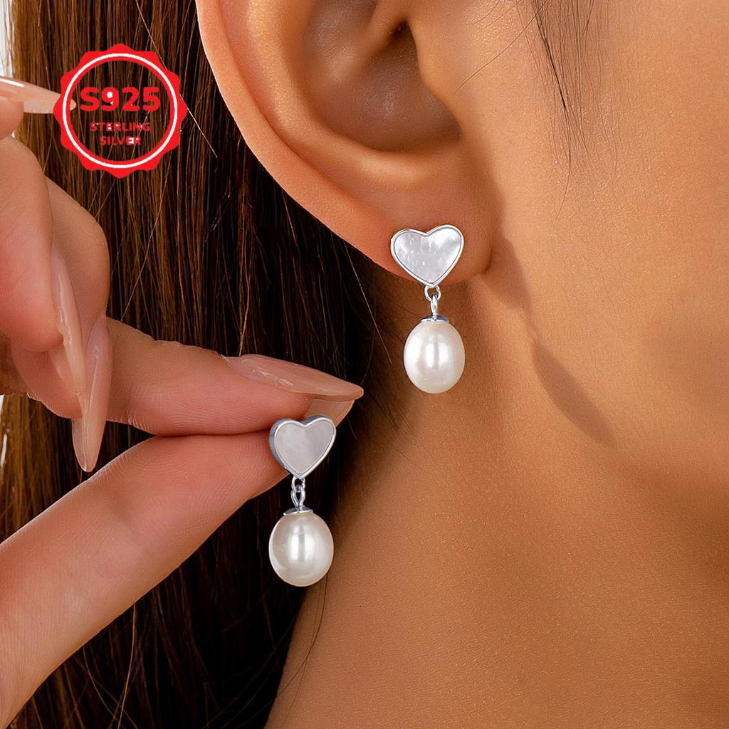S925 Sterling Silver Heart Shell Pearl Earrings - Perfect for Valentine's or Mother's Day
