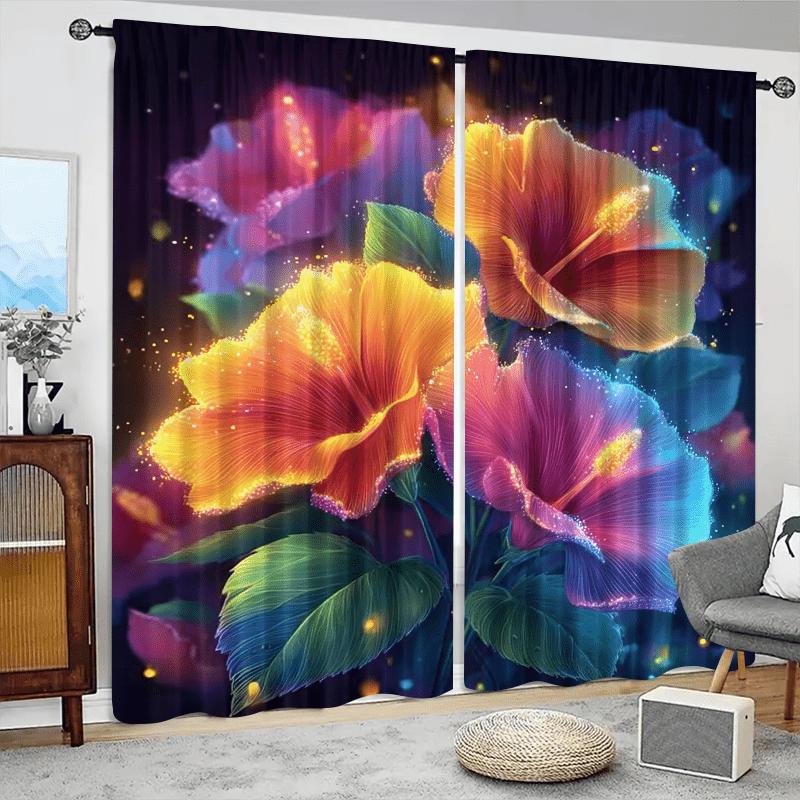 2pcs, Polyester Material, Vibrant Colorful Flower and Leaf Pattern Print, Light Filter Curtains, Suitable for Bedroom, Living