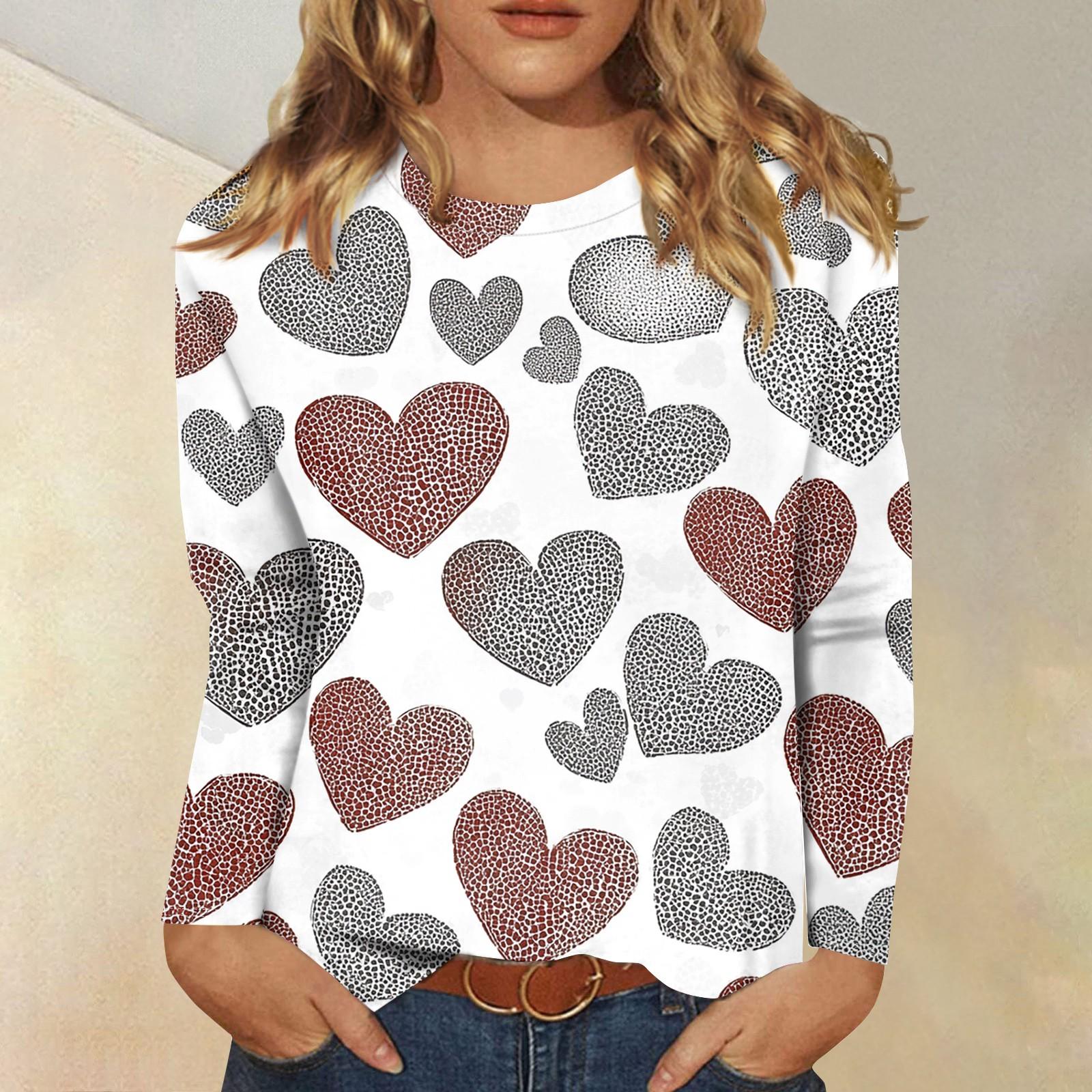 

Рубашки с длинным рукавом для женщин Милые принты Футболки Блузки Повседневные Большие размеры Базовые топы Пуловеры День святого Валентина XXL