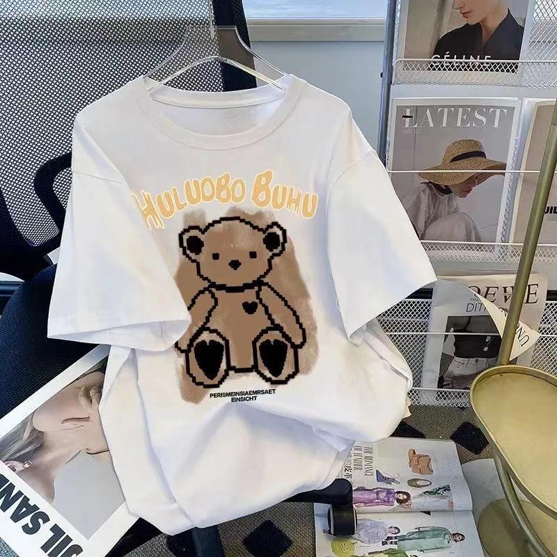 Women's Retro Little Bear Cotton T-Shirt - 2026 Summer Short Sleeve Loose Fit with Cartoon Print for Girls