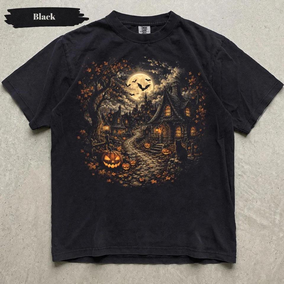 Ghost House Halloween Village Printed T-shirt, Ghost House Pumpkin T-shirt, Black Cat Moon Bat Autumn Gothic Autumn T-shirt