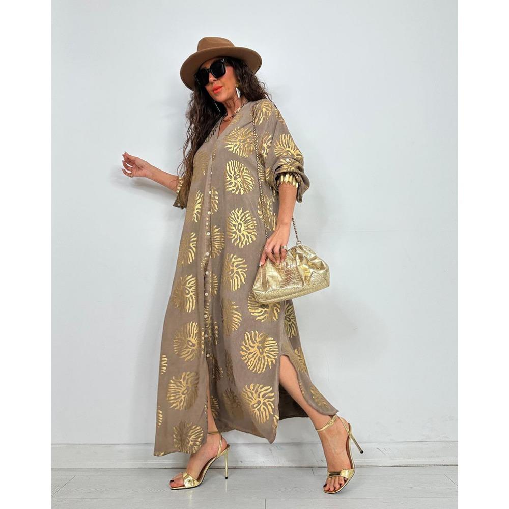 New Women's Lapel Printed and Gold-embossed Loose, Casual Long-sleeved Plum-sized Dress