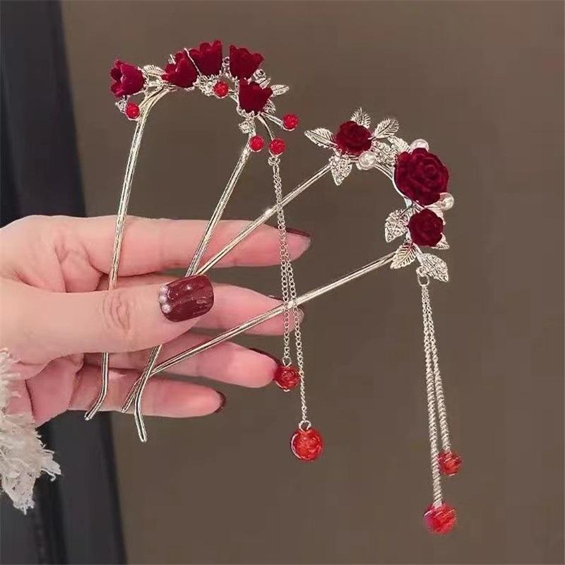 New Chinese Style Rose U Shape Hairpin Women Hanfu Cheongsam Tassel Ancient Style Hair Accessories