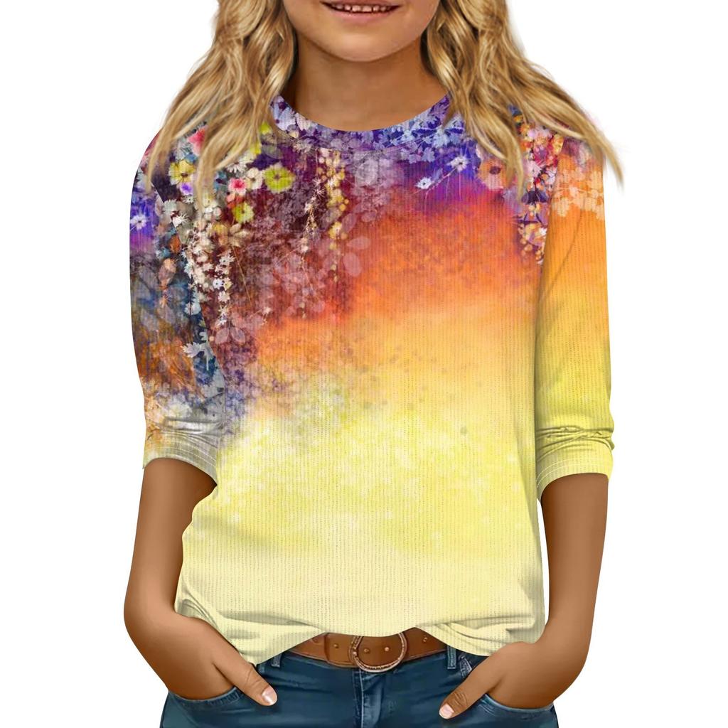 Children's 3/4 Sleeve Tops Knit Casual Print T Shirt Round Neck Pullover Blouse