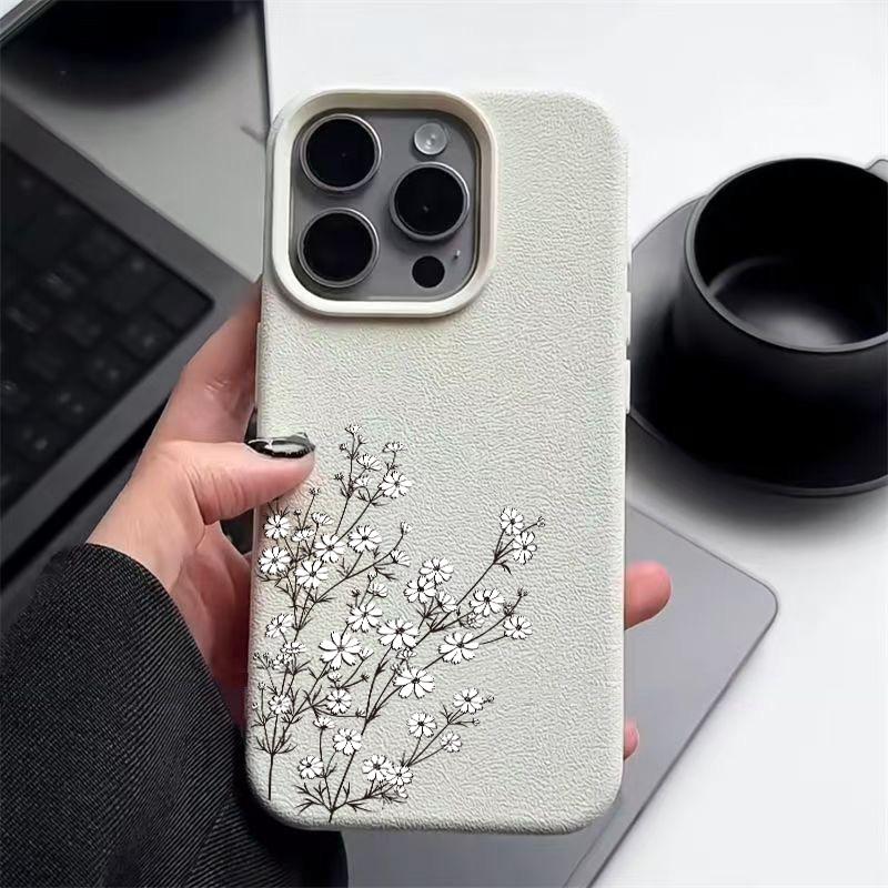 Matte, schlanke Handyhülle mit kleinem weißen Blumendruck für iPhone 16 Pro 15 Pro Max 14 13 12 11, TPU-Ledertextur, weiche, stoßfeste Stoßstangenabdeckung