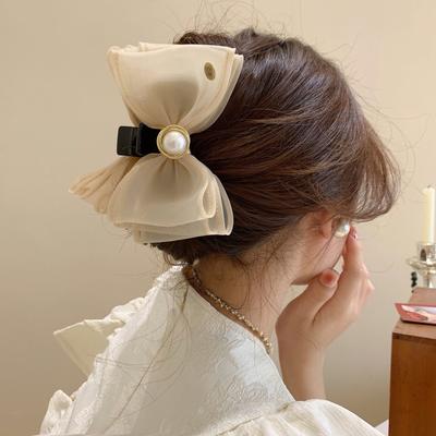 Korean Version of Pearl Mesh Bow Hairpin Simple Light Luxury Large Grab Clip Small Fragrance Versatile Shark Clip Hair Accessories