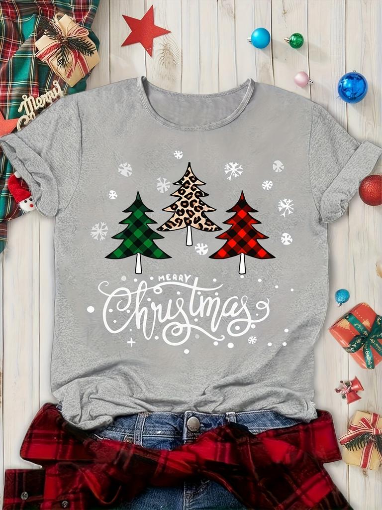 Womens Christmas Tree Print Tshirt Short Sleeve Round Neck Top for Summer Womens Clothing Harajuku Short Sleeve Casual