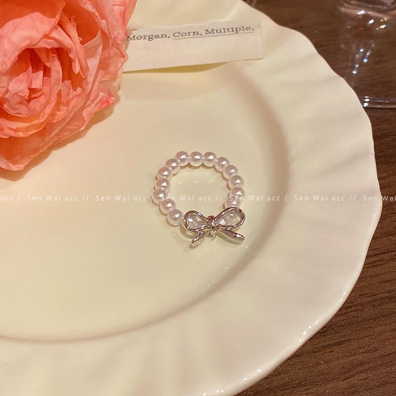Bow pearl beaded ring women's Korean ins niche design index finger ring high-end ring jewelry