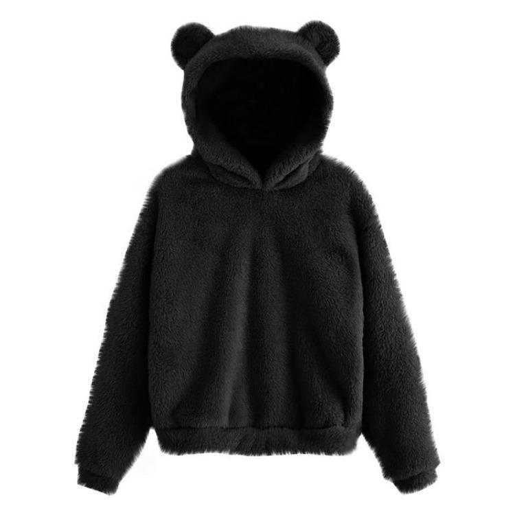 Women Cozy Fleece Pullover Hoodie Long Sleeve Plush Sweatshirt Warm Bear Ear Teddy Hooded