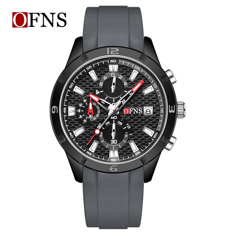 OFNS Men s Quartz Sports Watch: Three Subdials, Six Hands, Silicone Strap, Waterproof, Fashionable with Calendar. черно-серый