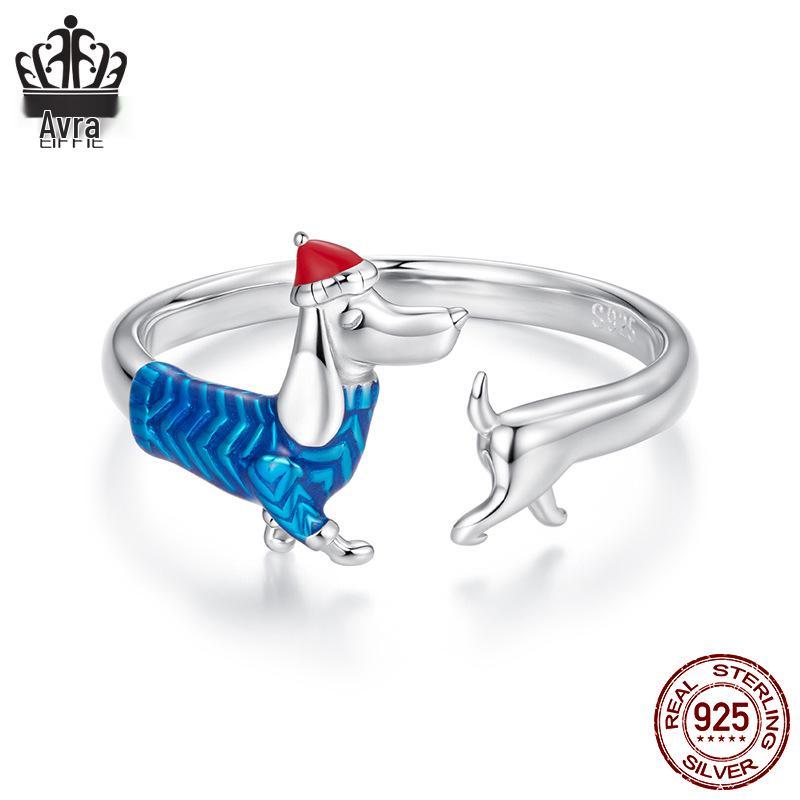 Everle S925 Sterling Silver Dachshund Adjustable Christmas Ring for Women