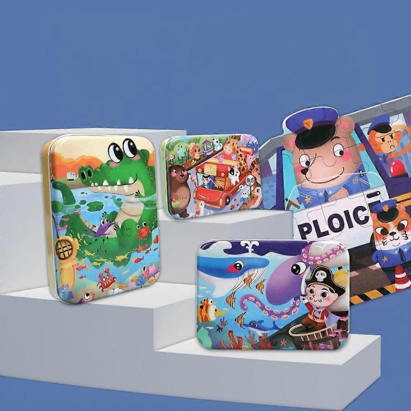 Children's Puzzle Toys, Wooden Flat Puzzle Pieces, Children's Enlightenment Style Wooden Iron Box, Irregular Puzzle Pieces