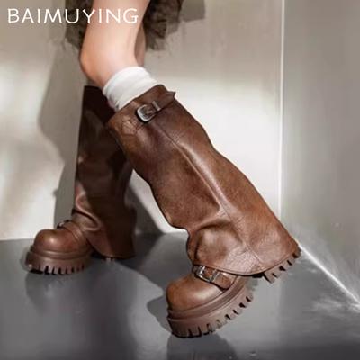 Kalın Platform Kadın Yüksek Botlar Moda Tasarımcısı Orta Topuklu Deri Ayakkabı Trend Kış Diz Üstü Oxford Motosiklet Botas Mujer