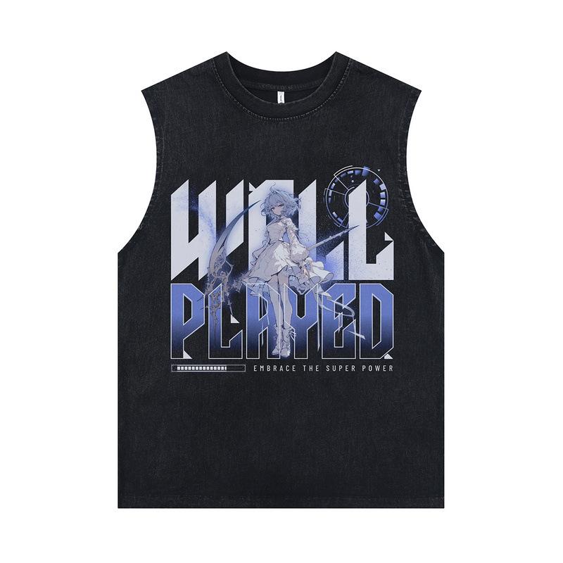 European And American High Street Retro Washed Old Rock Sweat Vest Couple Casual Direct Injection Printing Sleeveless T-Shirt Men