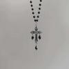 Gothic Punk Black Crystal Cross Pendant Beaded Choker Necklace for Women Men Retro Halloween Party Daily Cosplay Wear Jewelry