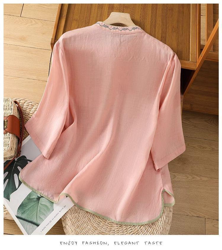 Women's Ethnic Embroidered Chinese Style Cotton-Linen Shirt with Frog Buttons and Seven Sleeves