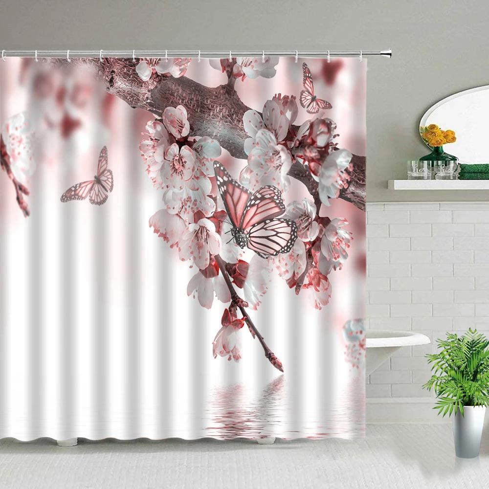 Sunflower Flower Wood Grain Plant Scenery Bathroom Shower Curtain Cactus Butterfly Bee Floral Landscape Bath Curtains With Hooks