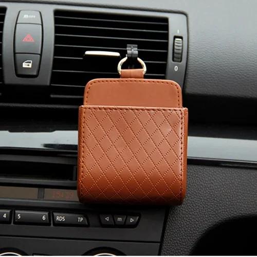 Car Storage Bag Air Vent Dashboard Tidy Hanging Leather Organizer Box Glasses Phone Holder Storage Organizer Car Accessorie