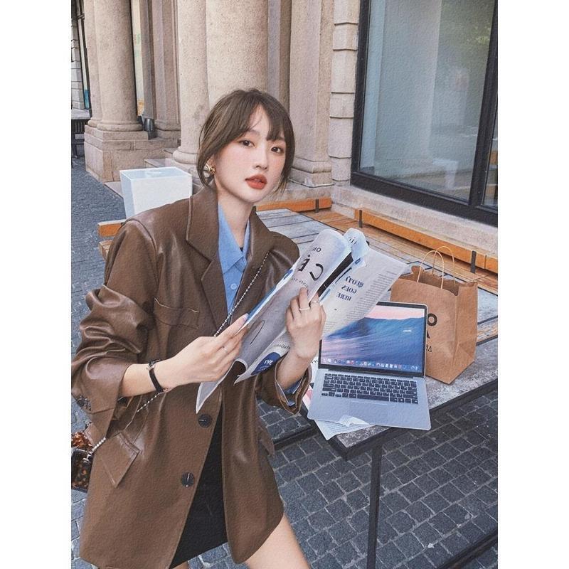 Black brown women's leather jacket women's spring and autumn new casual slim locomotive leather suit top leather women