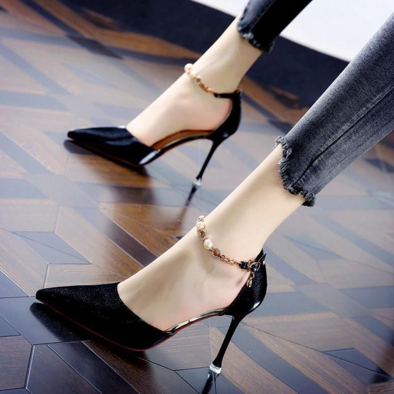 Red-soled high heels, sexy satin one-word buckle pointed rhinestones, red spring stiletto dress women's single shoes