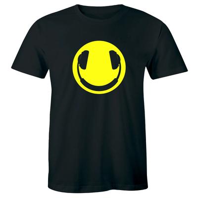 Yellow Happy Face Smile with Headphones T-Shirt for Men Music Lover Tee