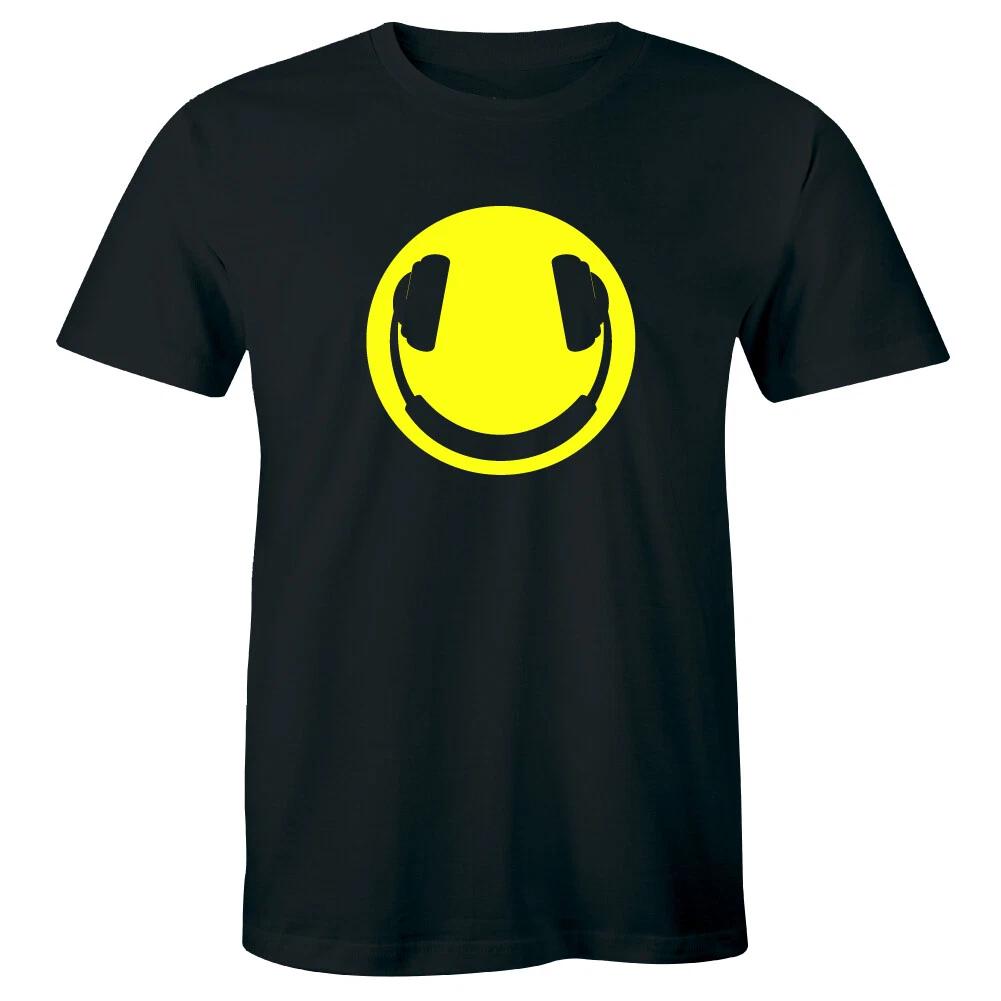 

Yellow Happy Face Smile with Headphones T-Shirt for Men Music Lover Tee S
