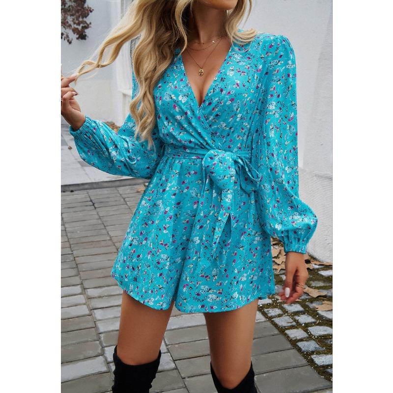 Women's Printed Long Sleeve High Waisted Strappy Jumpsuit Shorts