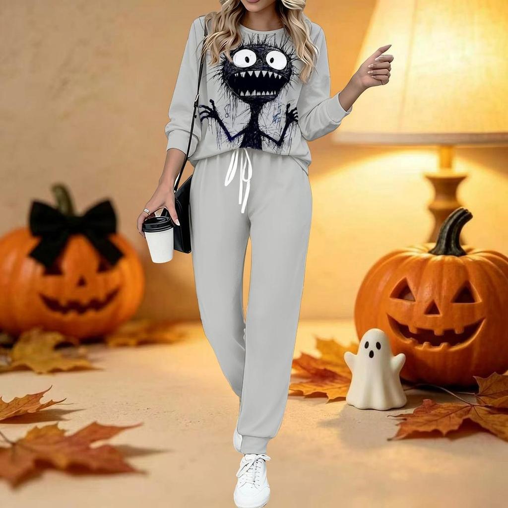 Damski dwuczęściowy strój z nadrukiem na Halloween, Top z długim rękawem i okrągłym dekoltem oraz spodnie dresowe z ściągaczem, Casualowy dres na wiosnę i jesień
