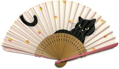 Cat Pattern Folding Fan for Folding Fan Set with Folding Case and Folding Premium Folding Black Cat Candy Pink [Hana Shiori] Women, Bag, Fan, Design,