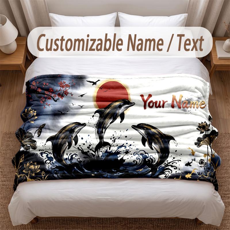 Sunset Landscape Theme Soft Blanket Personalized Custom Name Text Print Warm Blanket Home Sofa Bedroom Decor