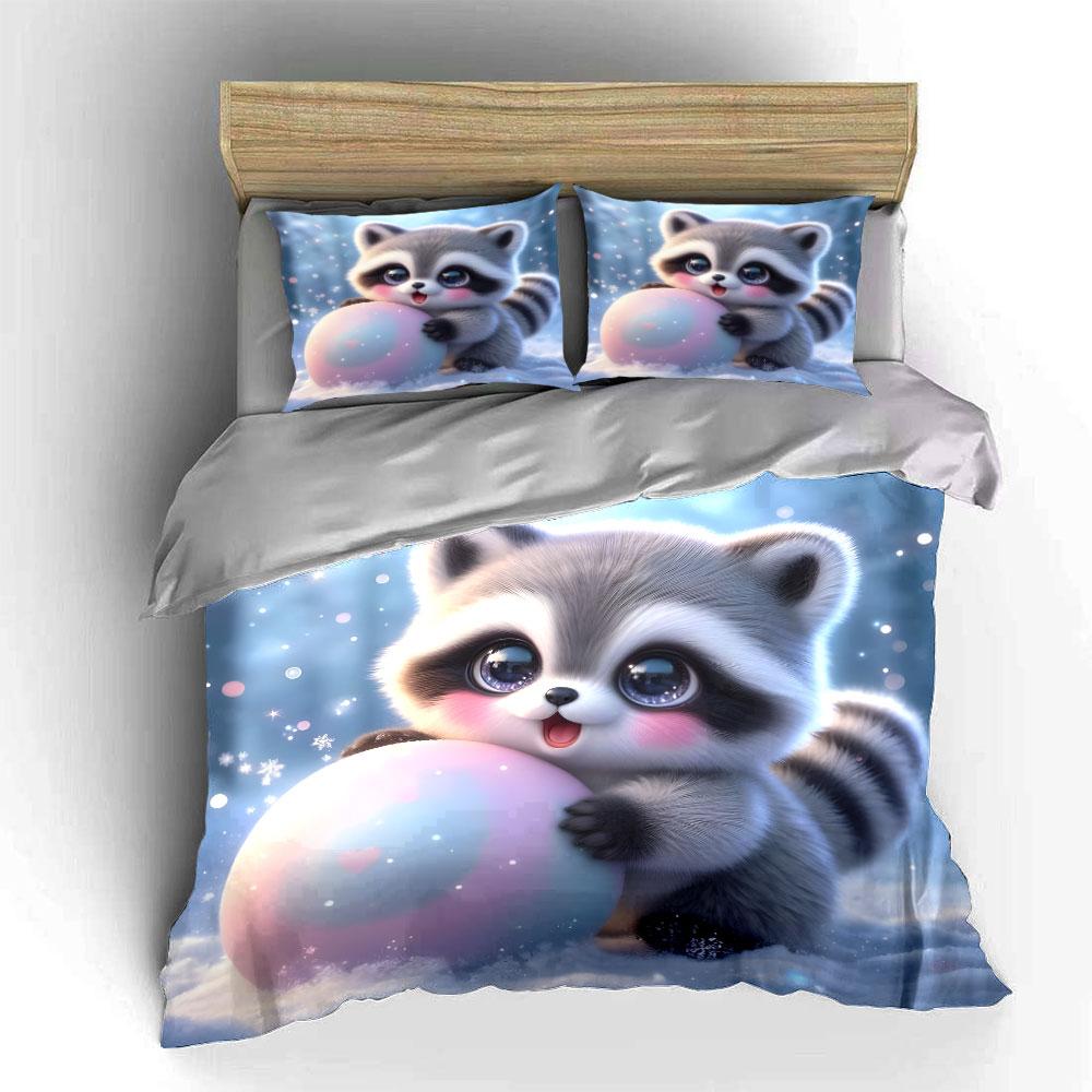 Adorable Raccoon Playing With Pastel Ball Duvet Cover Set With 3D Printing Design Soft Polyester Bedding Set All-Season Comfort