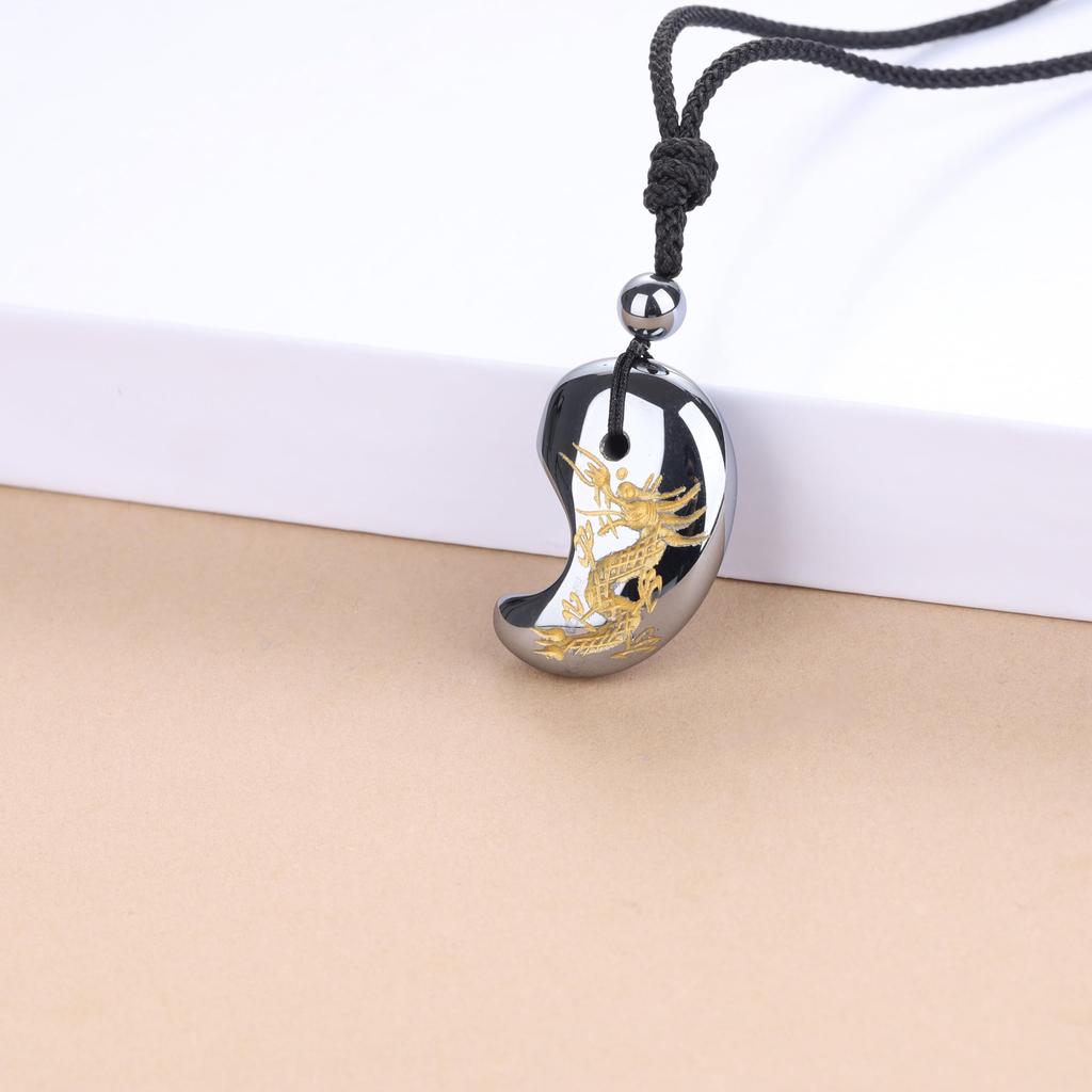 Koai Terahertz Ore Dragon Carved Magatama Necklace, Adjustable Length, for Men and Women