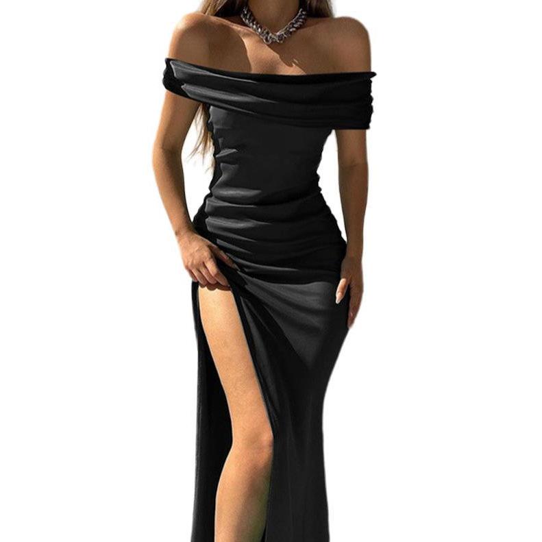 Solid Color European & American Style One-Shoulder Slit Long Dress - Classy, Sexy, Shiny