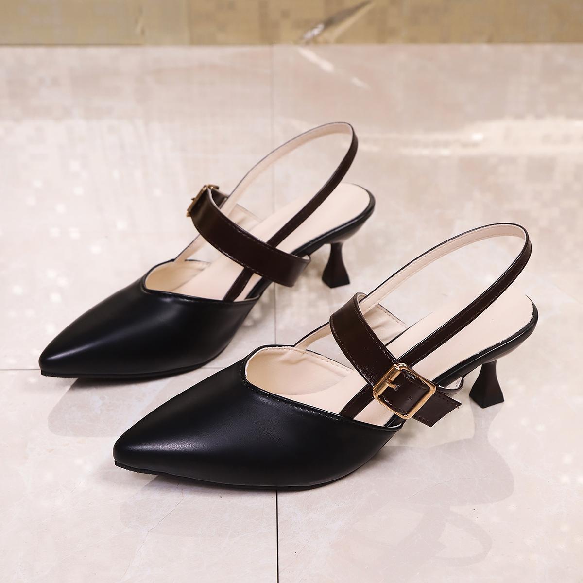 

Модные женские босоножки с острым носком, на высоком блочном каблуке, модные однотонные туфли-слингбэки, удобные универсальные босоножки на среднем каблуке для женщин 36 чёрный