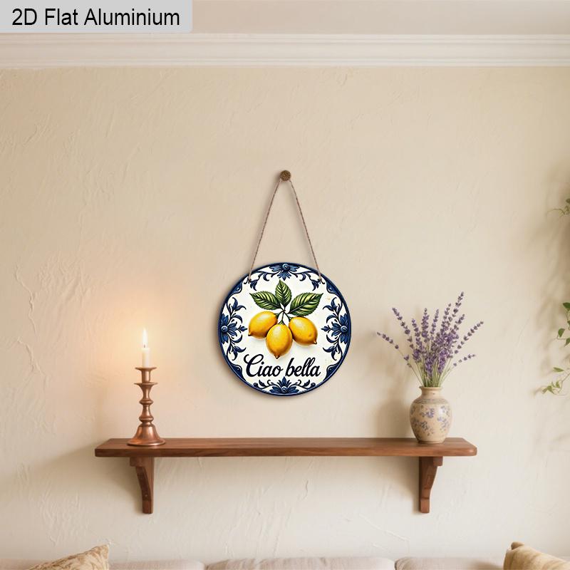 Decoração de Parede de Limão em Alumínio Plano 2D Estilo Italiano Vintage Placa "Ciao Bella", Placa Redonda de Lata de Metal com Padrão de Azulejo Majólica Mediterrâneo Rústico, Verão